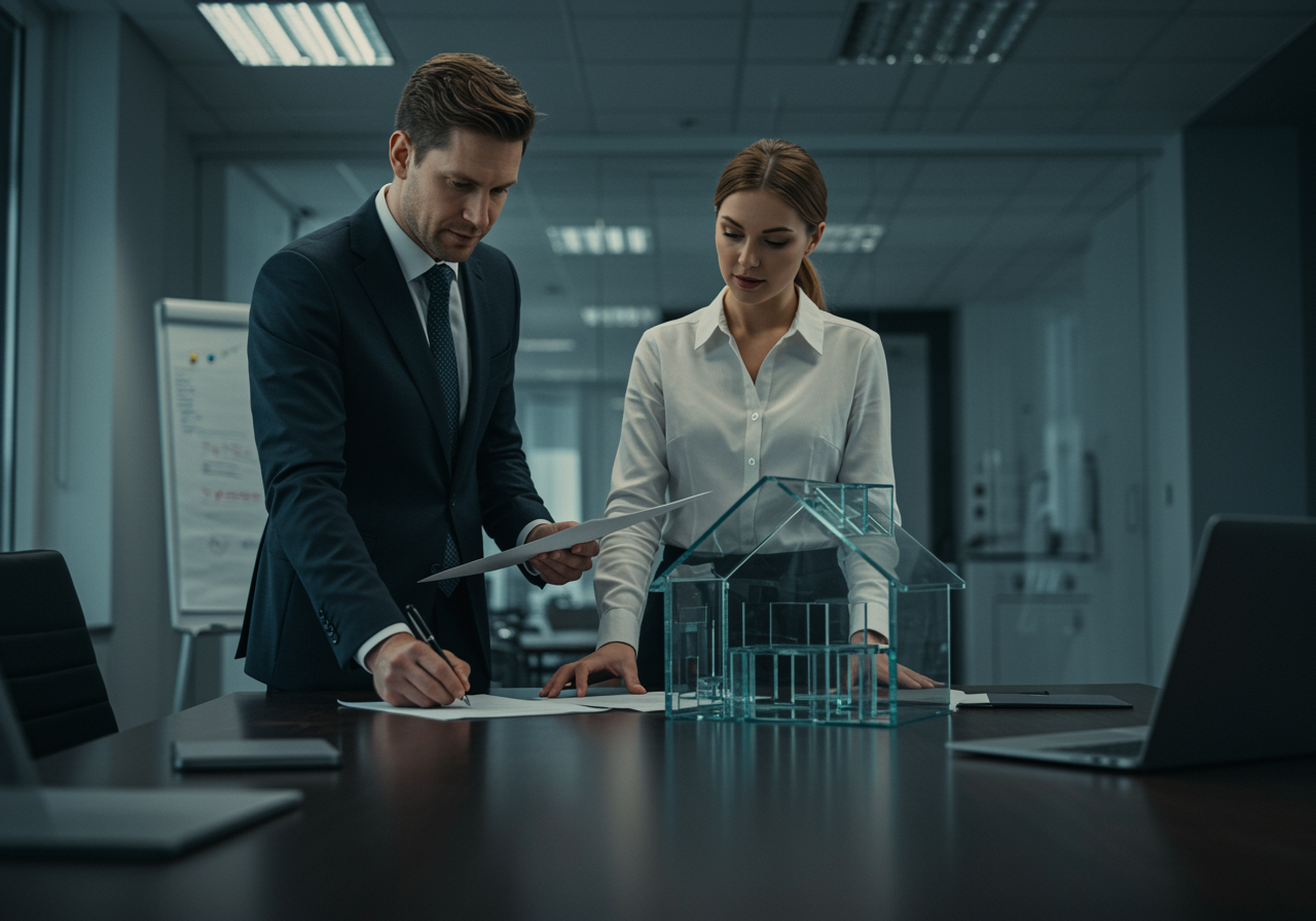 img seccion diferencia "Imagen fotorealista de dos profesionales blancos revisando contratos junto a un modelo de casa de vidrio en una oficina moderna, simbolizando la transparencia y confianza en la gestión."