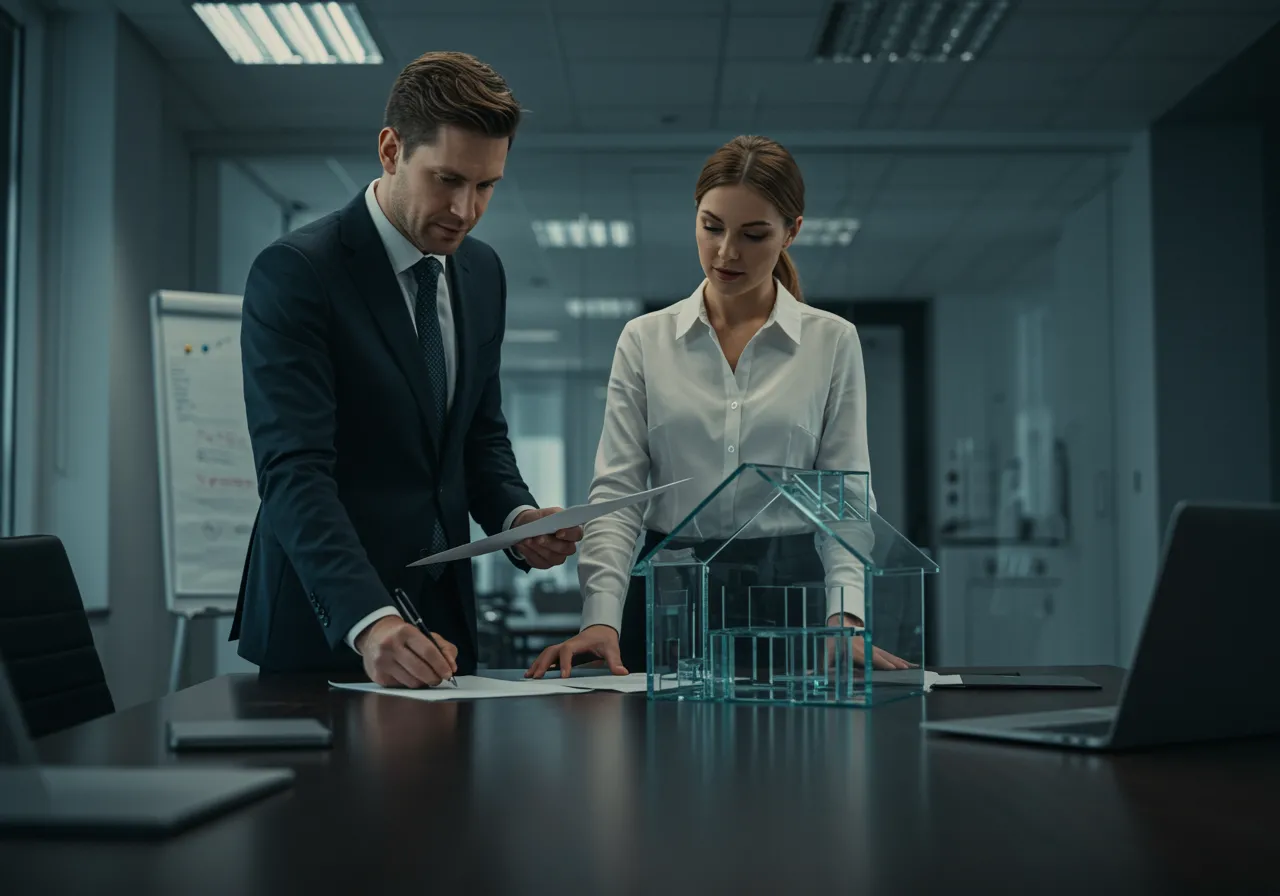 img seccion diferencia "Imagen fotorealista de dos profesionales blancos revisando contratos junto a un modelo de casa de vidrio en una oficina moderna, simbolizando la transparencia y confianza en la gestión."