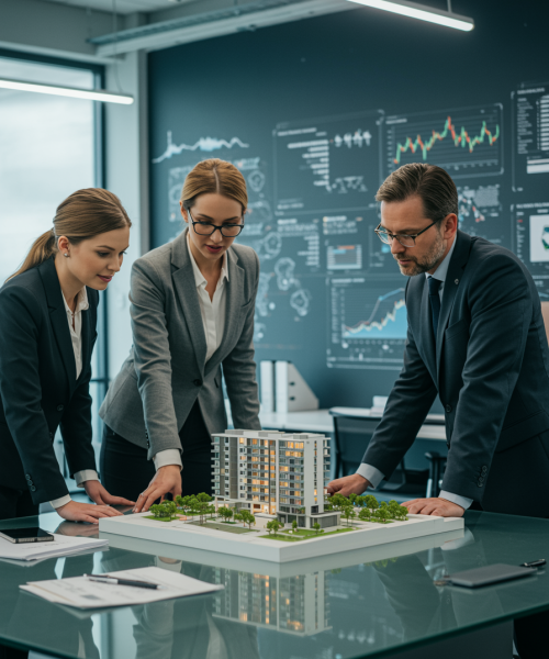 interior 1 "Equipo de administradores de propiedades revisando un modelo arquitectónico en una oficina moderna, simbolizando confianza y transparencia en servicios de gestión inmobiliaria y asesoría legal."