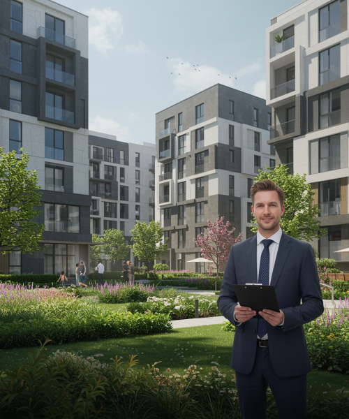 servicio edificacion 2 "Renderizado digital fotorealista de un moderno complejo residencial con jardines paisajísticos y un administrador de propiedades de confianza en primer plano, representando servicios de administración inmobiliaria."